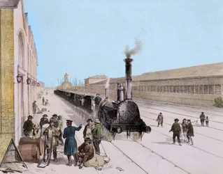 Ankunft des Güterzugs der Paris-Orléans-Linie - Gravur aus dem 19. Jahrhundert - Privatsammlung