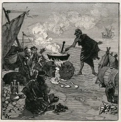 Die Kunst des Glases: Entdeckung der Vitrifikation nach Plinius dem Älteren (23-79 n. Chr.). In der Antike scheiterten Händler an einem Strandfeuer mit Kali-Pflanzen unter den Brennstoffen. Diese Pflanzen liefern genug Soda, um Glas durch Mischen mit Sand 