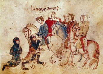 Artuslegende: „König Artus besänftigt Ritter (Meliadus, Esclabor und Arfasar)“. Miniatur aus „Meliadus, Bruder von Tristan“ 14. Jahrhundert Venedig, Biblioteca Marciana