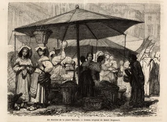 Am Fuße der Piazza Navona, Rom (Italien). Gravur zur Illustration der Reise nach Rom, von Francis Wey, 1864-1868, veröffentlicht in „Le tour du monde, nouveau journal des voyages“, unter der Leitung von Edouard Charton