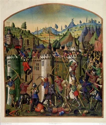 Angriff auf das Schloss von Philippe Auguste mit Blick auf Paris und die Montfaucon-Galgen während des 100-jährigen Krieges, Mitte des 15. Jahrhunderts