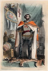 Baldwin I. von Konstantinopel - Porträt von Baudouin I., lateinischer Kaiser des Ostens (1171-1206), wurde Kaiser von Konstantinopel durch Teilnahme am Vierten Kreuzzug. Auch bekannt als Baudouin IX. von Flandern (oder Baudouin VI. von Hennegau). Gravur vo
