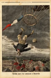 Ballonunfall in Beuzeville, nach einem Gasverlust verlor der Aeronaut die Kontrolle und fiel aus seinem Ballon, in den er ohne Gondel eingestiegen war. Gravur in „Le petit journal“ 30/7/1899. Selva-Sammlung