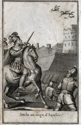 Barbarische Invasionen - Attila (ca. 406-453), König der Hunnen, während der Belagerung von Aquileia in Italien, 452. Stich in „Beauté de l
