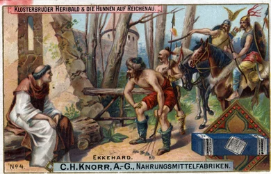 Barbareninvasionen - Ekkehard IV. von St. Gallen (St. Gall) oder Eckhard, Eckhart (980-1057), Gelehrter und lateinischer Dichter. Der Bruder Heribald und die Hunnen auf der Reichenau. Auf der Insel Reichenau blieb nur Bruder Heribald, ein etwas einfältiger