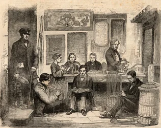 Korb- und Lesewerkstatt für Blinde in der Euston Road in London, organisiert von der Association for Promoting the General Welfare of the Blind. Gravur in „The Illustrated London News“ vom 24.
