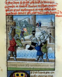 Ritterkampf Palamede und Artus. Miniatur im „Roman Du Grail“