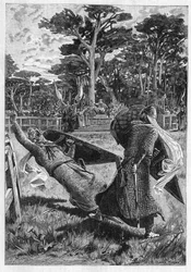 Schlacht der Ritter Pinabel und Thierry im Mittelalter in Frankreich. Illustration des Romans „La chevalerie“ von Léon Gautier (1832-1897). Gravur in „Le Monde Illustré“.