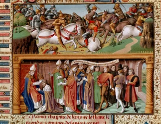 Schlachtszene und Krönung Kaiser Lothars II. von Supplinburg (oder Lothars III. des Heiligen Reiches, Kaiser des Heiligen Römischen Reiches) (1075-1137). Miniatur in „Le Miroir historial“ (Speculum Historiale) (Ms. 1196, fol. 245r) von Vinzenz von