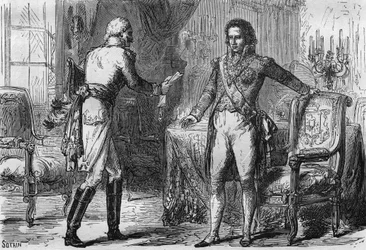 Verrat von Bernadotte - Jean Baptiste Jules Bernadotte (1763-1844) empfängt einen Gesandten (Geheimagenten) aus Preußen in Stockholm, Schweden am 18. Dezember