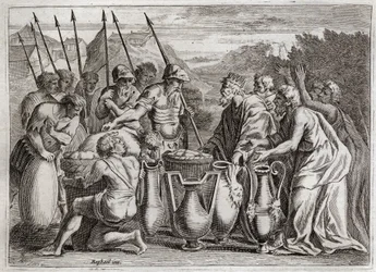 Bibel von Royaumont, Altes Testament: Abraham befreit Lot. Abraham rettet Lot, seinen Neffen, aus den Händen der Feinde. Der Hohepriester Melchisedech segnet. Der König von Sodom bot ihm an