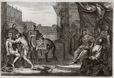 Bibel von Royaumont, Altes Testament: Botschafter Davids. David schickte Joab gegen die Ammoniter, um sich für die Beleidigung zu rächen, die Hanon, ihr Prinz, seinen Botschaftern angetan hatte, die er für Spione hielt. Illustration von 1811.
