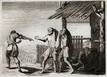 Royaumont-Bibel, Altes Testament: Verfluchung von Cham durch seinen Vater (Noahs Trunkenheit). Cham, der zweite Sohn von Noah, sieht seinen Vater in einer unanständigen Haltung, kümmert sich nicht darum und wird verflucht. Illustration von 1811.
