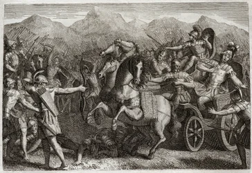Royaumont-Bibel, Altes Testament: Tod von Ahab. Ahab (Achab) führt Krieg gegen Syrien und wird von einem zufälligen Pfeil getötet. Illustration von 1811