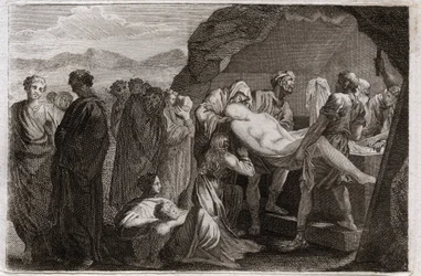Royaumont-Bibel, Altes Testament: Tod von Sara. Sara (Sarah) stirbt. Abraham kauft ein Grab in der Stadt Geth, um sie zu begraben. Illustration von 1811.