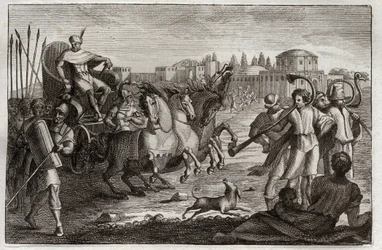Royaumont-Bibel, Altes Testament: Erhöhung von Joseph. Joseph wird in Herrlichkeit erhoben. Illustration von 1811.