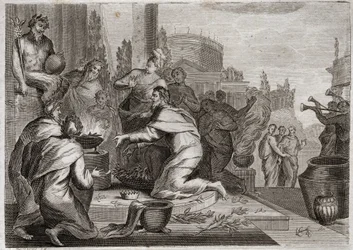 Bibel von Royaumont, Altes Testament: Fall Salomos. Salomo wird von Frauen verführt und opfert den Götzen der falschen Götter Weihrauch. Sein Tod. Illustration von 1811.