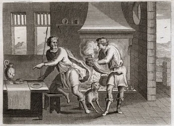Royaumont-Bibel, Altes Testament: Jakob und Esau. Esau verkauft seinem Bruder Jakob sein Erstgeburtsrecht für einige Linsen. Illustration von 1811.