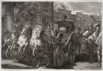 Royaumont-Bibel, Altes Testament: Jezabel wird von Hunden gefressen. Jehu lässt Jezabel aus einem Fenster werfen, und sie wird von Hunden gefressen. Illustration von 1811.