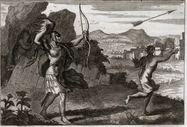 Bibel von Royaumont, Altes Testament: Jonathan und David. Und als Jonathan die Bitterkeit seines Vaters sah, warnte er David, sich zurückzuziehen. Illustration von 1811.