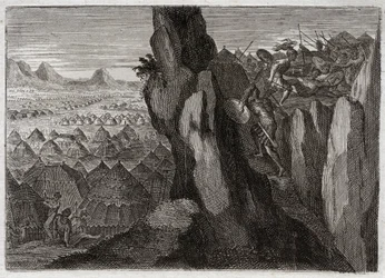 Bibel von Royaumont, Altes Testament: Jonathan und sein Knappe. Jonathan, der Sohn von König Saul, geht allein mit seinem Knappe ins Lager der Philister und schlägt sie in die Flucht. Illustration von 1811.