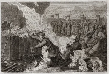 Bibel von Royaumont, Altes Testament: Nadab und Abiu. Nadab (Nadav) und Abiu (Abihou), die Söhne Aarons, die ein fremdes Feuer in ihren Räucherwerken entzündeten, um Gott Weihrauch darzubringen, wurden im Tabernakel selbst verbrannt. Illustration von 1811.