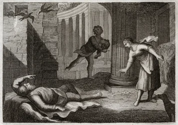 Bibel von Royaumont, Altes Testament: Der heilige Tobit erblindet. Der heilige Mann Tobit erblindet und erträgt dieses Übel mit äußerster Geduld. Illustration von 1811.