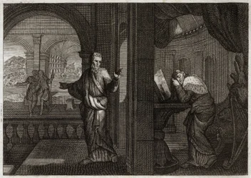 Bibel von Royaumont, Altes Testament: Die Buße Davids. Gott sendet seinen Propheten Nathan zu David, um ihm seine Schuld vor Augen zu führen. Die Reue, die dieser heilige König daraus zog, ließ ihn alle Übel akzeptieren, die der Prophet ihm vorhersagte. Il