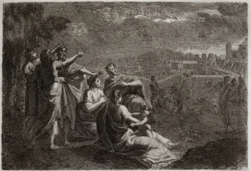 Royaumont-Bibel, Altes Testament: Prophezeiungen über Jerusalem. Gott hat Waffen in die Luft über Jerusalem gegeben, um ihr die Übel zuzufügen, die auf sie herabregnen sollten. Illustration von 1811.