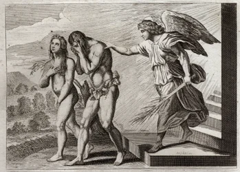 Royaumont-Bibel, Altes Testament: Bestrafung von Adam. Gott vertreibt Adam und Eva aus dem Paradies nach ihrem Fall und stellt einen Cherubim an die Tür, um ihren Eintritt zu verteidigen. Illustration von 1811.