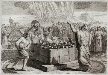 Bibel von Royaumont, Altes Testament: Opfer des Elija. Und nachdem er den wahren Gott durch das Wunder des Feuers, das auf sein Opfer herabkam, bekannt gemacht hatte, befahl er dem Volk, die vierhundertfünfzig Priester des Baal-Idols zu töten. Illustration