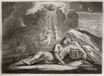 Bibel von Royaumont, Altes Testament: Die Himmelsleiter Jakobs. Jakob, der vor Esaus Zorn flieht, sieht im Schlaf eine geheimnisvolle Leiter. Illustration von 1811.