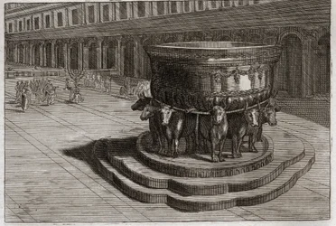 Bibel von Royaumont, Altes Testament: Meer aus Bronze. Guss nennt gewöhnlich das Meer aus Bronze, um die Füße und Hände der Priester zu waschen, wenn sie den Tempel betreten. Illustration von 1811.