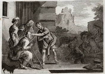Bibel von Royaumont, Altes Testament: Tobit erlangt das Augenlicht zurück. Der junge Tobit gibt seinem Vater das Augenlicht zurück, indem er ihm die Galle des Fisches, den er auf Anraten des Erzengels Raphael gefangen hat, über die Augen streicht. Der Enge