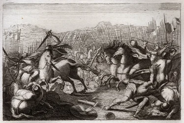 Bibel von Royaumont, Altes Testament: Sieg des Judas. Judas Makkabäus besiegte Apollonius, Seron, Ptolemaios Macron, Gorgias, Nikanor und Lysias in verschiedenen Schlachten. Illustration von 1811.