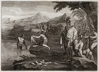 Royaumont-Bibel, Altes Testament: Krieg von Naaman. Naaman, General der Armee des Königs von Syrien, kam zum Propheten Elisa, um von seinem Aussatz geheilt zu werden. Illustration von 1811