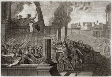 Bibel von Royaumont, Altes Testament: Zambri verbrennt. Zambri, der gegen Ela, den vierten König von Israel, revoltiert hat, belagert Thersa, wo er sich mit seiner ganzen Familie in seinem Palast verbrennt. Illustration von 1811.