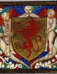 Wappen verziert eine Greifenkrone auf goldenem Hintergrund. (Detail)