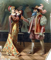 Blaubart. Märchen von Charles Perrault. 1697. Chromolithografie aus dem späten 19. Jahrhundert. Aufkleber „Zum Billigen“. „Blaubart verhört seine Frau, die versucht hatte, das Gemach zu betreten, in dem Blaubarts Frauen ermordet wurden.“