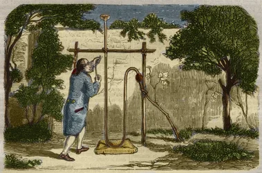 Botanik: Experiment von Stephen Hales (1677-1761) über die Aufstiegskraft des Saftes im Jahr 1727. Gravur von 1859 in „Le Musée Des Sciences“