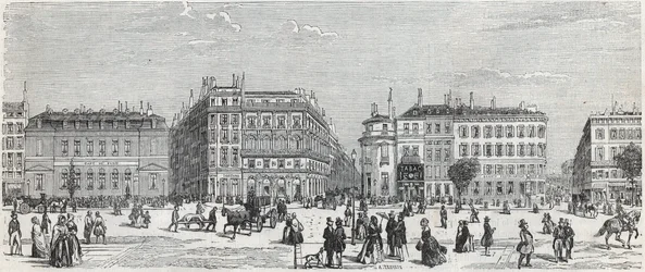 Boulevard des Italiens mit dem Café de Paris, der Rue Taitbout, dem Haus Dorée, der Rue Lafitte, dem Café Riche und der Rue Lepelletier - Gravur in „Tableau-de-Paris“ von Edmond Texier 1852