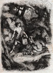 Bradamante von einem Riesen niedergeschlagen - Gravur von 1851 aus „Roland furieux“ (Orlando furioso) (16. Jahrhundert) von Ludovico Ariosto, bekannt als der Ariosta - Ausgabe übersetzt aus dem Italienischen von Graf von Tressan und veröffentlicht von Gust