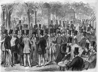 Makler in der Nähe der kleinen Börse am Boulevard des Italiens in Paris, Frankreich. Gravur in „Das illustrierte Universum“
