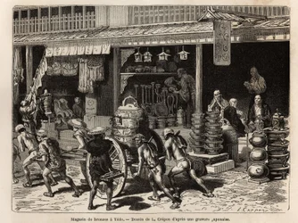 Bronzegeschäft in Yedo (oder Edo, heutiges Tokio), Spezialität der Stadt, präsentiert Objekte des buddhistischen Kultes: Glocken, Gongs, Trommeln, Vasen, Kandelaber, Räuchergefäße und Statuen, aber auch weniger rituelle Objekte wie Sake-Kannen, Lampen, Koh