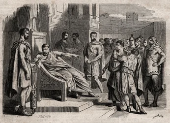 Brutus verurteilt seinen Sohn zum Tode - Brutus (Marcus Junius Brutus, 85-42 v. Chr.) verurteilt seine Söhne zum Tode - Gravur in 