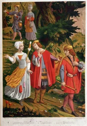 Bucolische Szene: Pflügen und Dorf, Magd und Spielleute