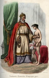Byzantinischer Kaiser Andronikos I. Komnenos (oder Andronicus I. Comnenus) (ca. 1118-1185) und seine Frau Agnes von Frankreich (1171-1240), die gezwungen ist, nackt für seine Orgie zu erscheinen. Gravur von 1842 in „Histoire des popes“ von Maurice Lachatre