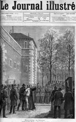 Campi, der Mörder aus der Rue du Regard - Die Hinrichtung des Mörders Michel Campi auf der Place de la Roquette, 30. April 1884 - Guillotine - Stich in „Le Journal illustré“ von 1884
