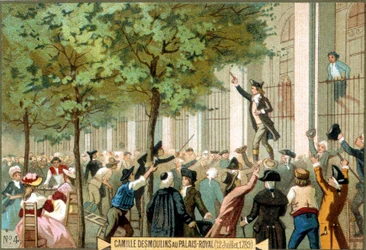 Camille Desmoulins im Palais Royal (12.07.1789). Chromolithographie 19. Jahrhundert - Französische Revolution/Camille Desmoulins ruft zum Sturm auf die Bastille, Paris