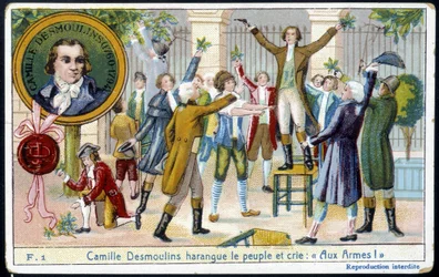 Camille Desmoulins rief dem Volk zu: „Zu den Waffen!“ - Chromolithographie, Ende des 19. Jahrhunderts
